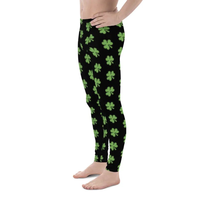 Green Black Clover Meggings, Leaf Print St. Patty's Day Men's Leggings -Made in USA/MX/EU