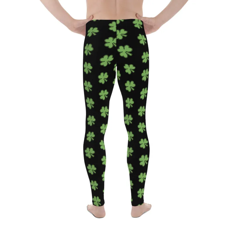 Green Black Clover Meggings, Leaf Print St. Patty's Day Men's Leggings -Made in USA/MX/EU