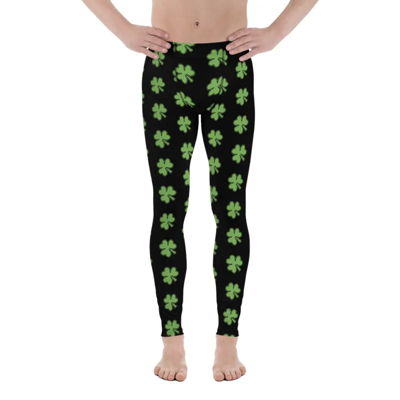 Green Black Clover Meggings, Leaf Print St. Patty's Day Men's Leggings -Made in USA/MX/EU