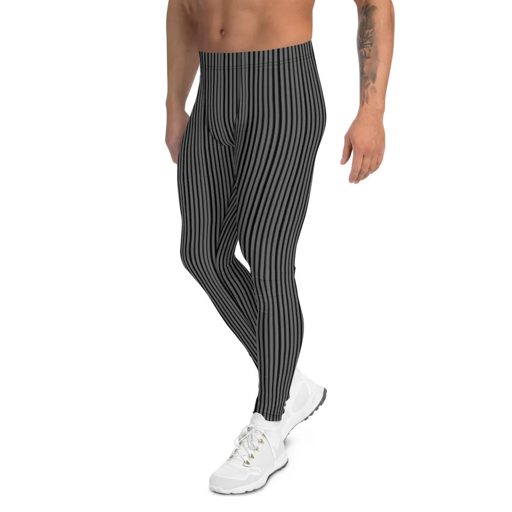 Grey Black Striped Men's Leggings, Charcoal Gray Vertically Striped Meggings-Made in USA/EU