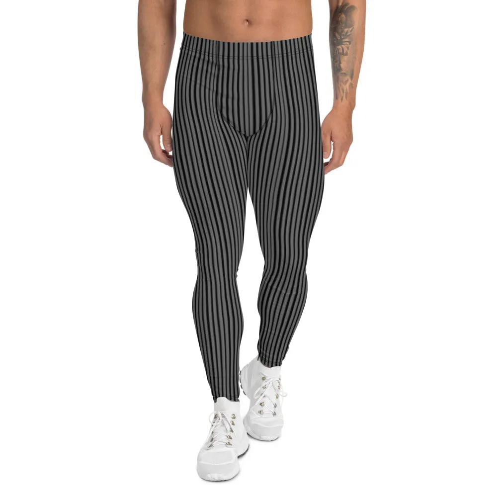 Grey Black Striped Men's Leggings, Charcoal Gray Vertically Striped Meggings-Made in USA/EU