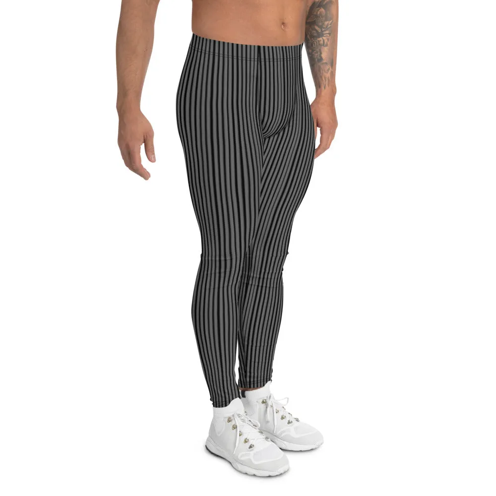 Grey Black Striped Men's Leggings, Charcoal Gray Vertically Striped Meggings-Made in USA/EU