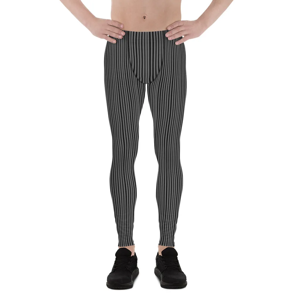 Grey Black Striped Men's Leggings, Charcoal Gray Vertically Striped Meggings-Made in USA/EU