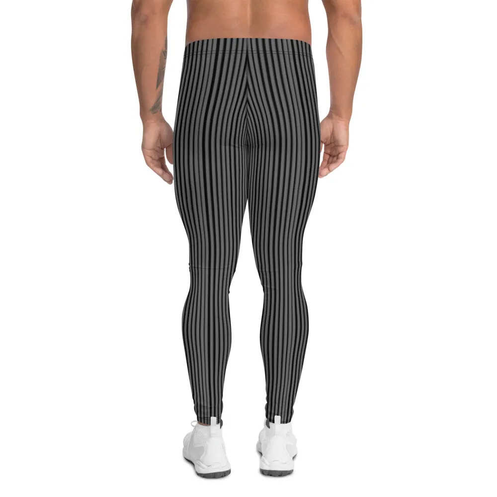 Grey Black Striped Men's Leggings, Charcoal Gray Vertically Striped Meggings-Made in USA/EU