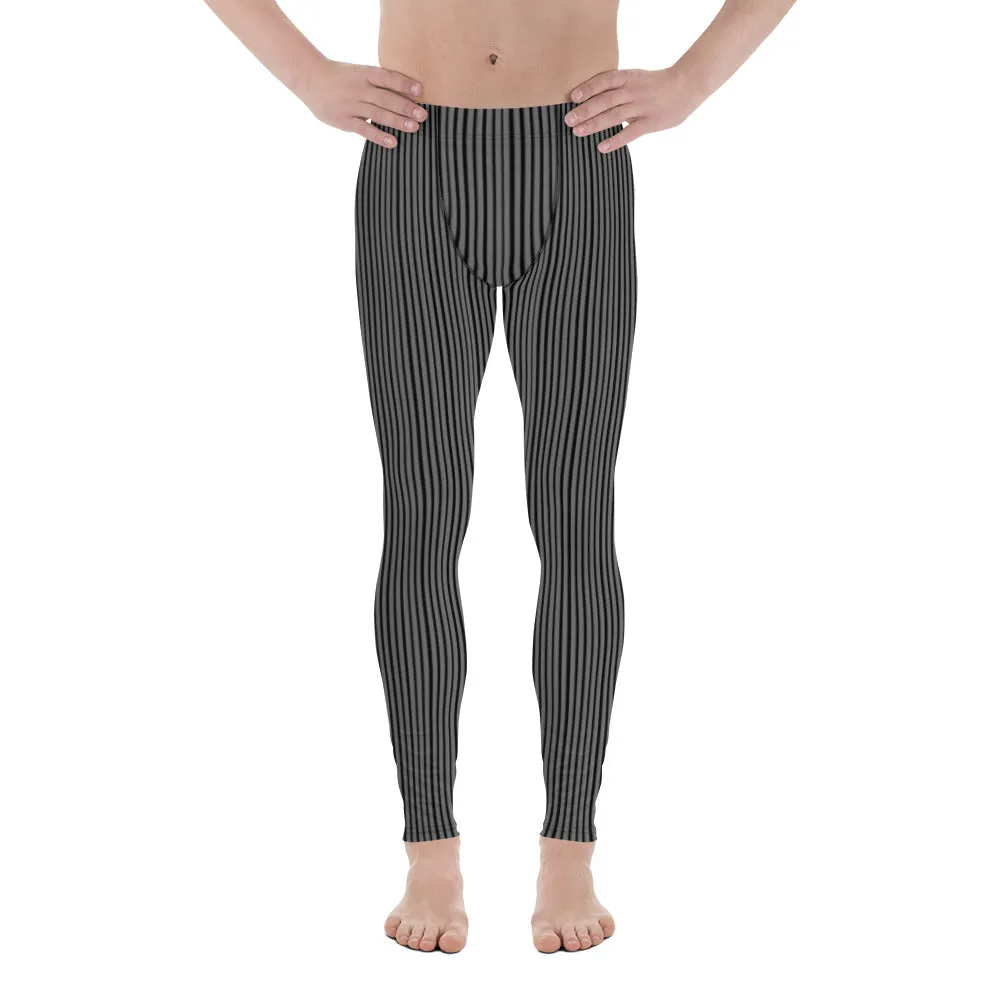 Grey Black Striped Men's Leggings, Charcoal Gray Vertically Striped Meggings-Made in USA/EU