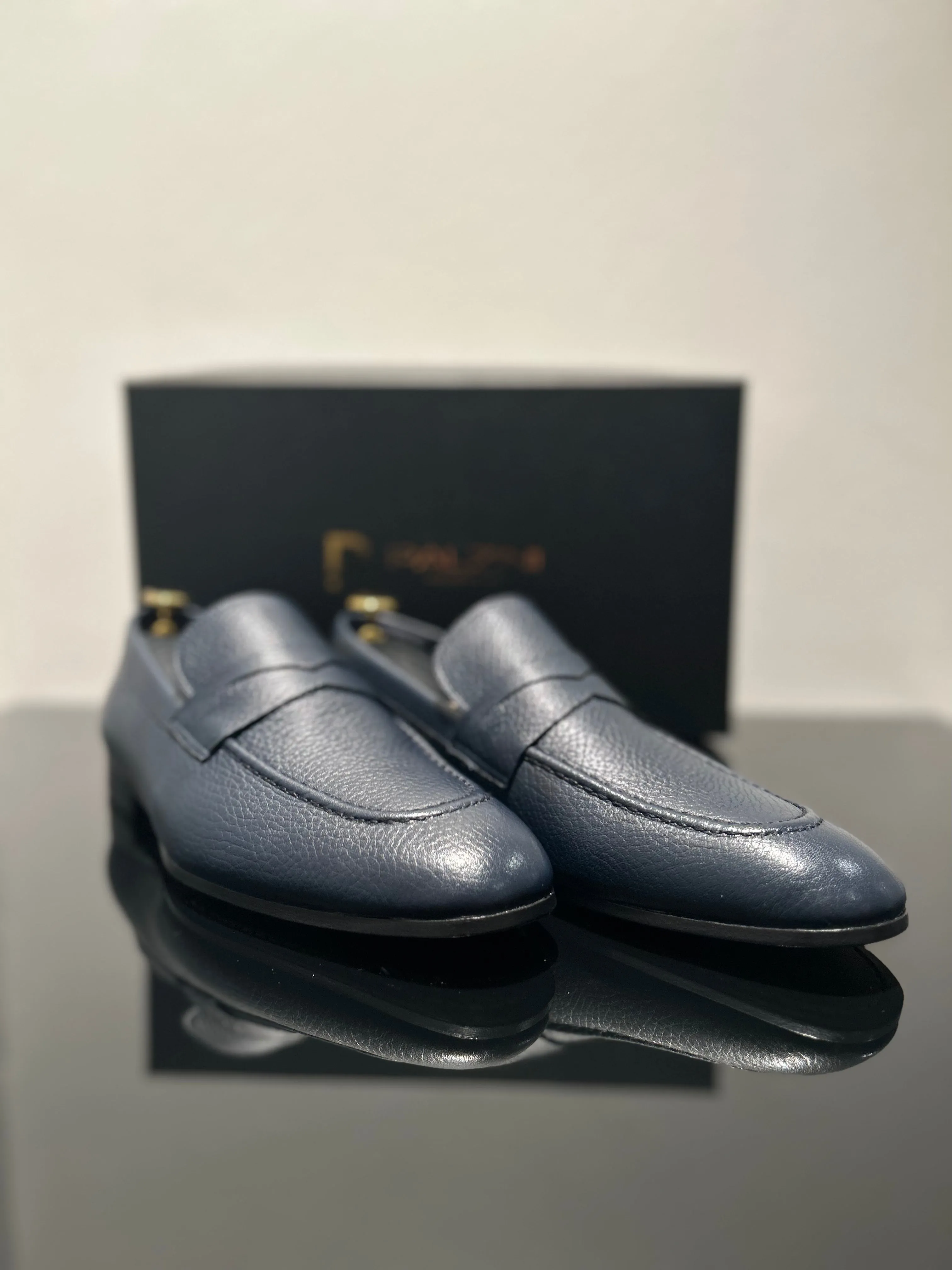 HANDMADE NAVY DEER LEATHER SLIP-ON