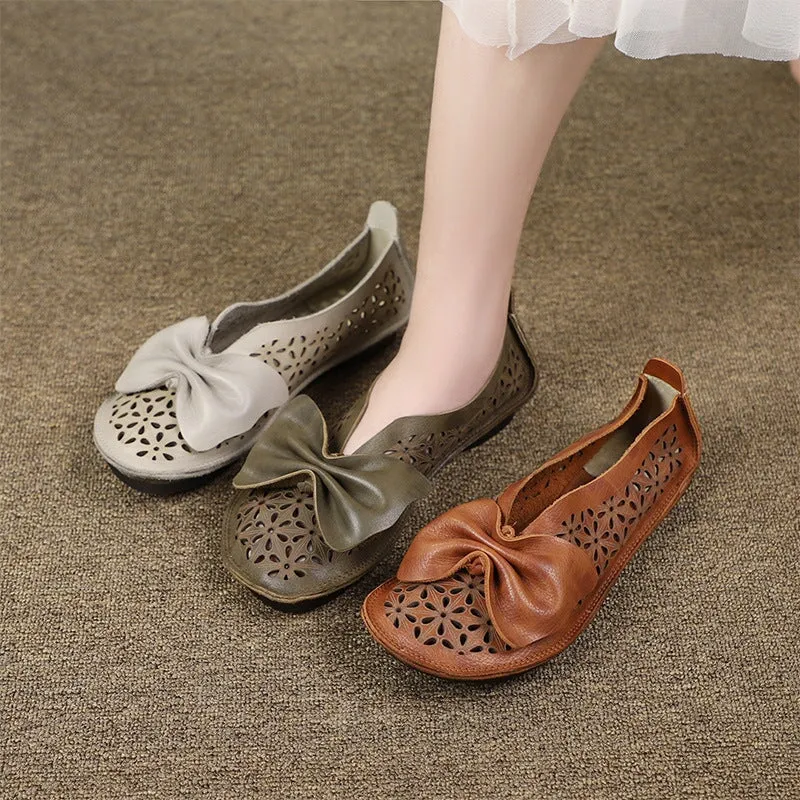 Handmade Soft Leather Loafers Flats For Women Summer Sandals with Bow in Beige/Grey/Brown