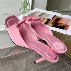 Hnzxzm 2024 Summer Slipper Women Butterfly-knot Satin Slip on Design Slide Sandals Thin High Heel Outdoor Dress Slides Shoes for Women