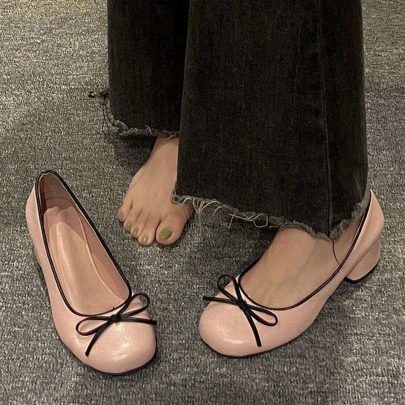 Hnzxzm Designers Butterfly-knot Women Pumps Fashion Shallow Slip On Thick Low Heel Sandalias Ladies Elegant Outdoor Mary Jane Shoes