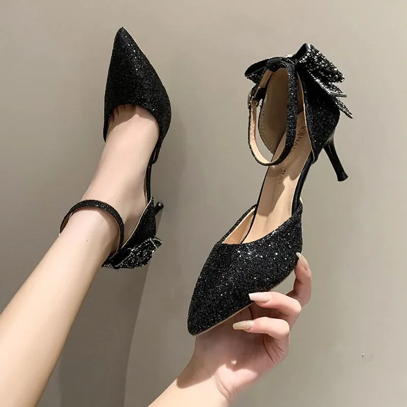 Hnzxzm Luxury Silver Sequin High Heels Wedding Shoes Women Autumn Crystal Bowtie Ankle Straps Bridal Shoes Woman Thin Heeled Pumps