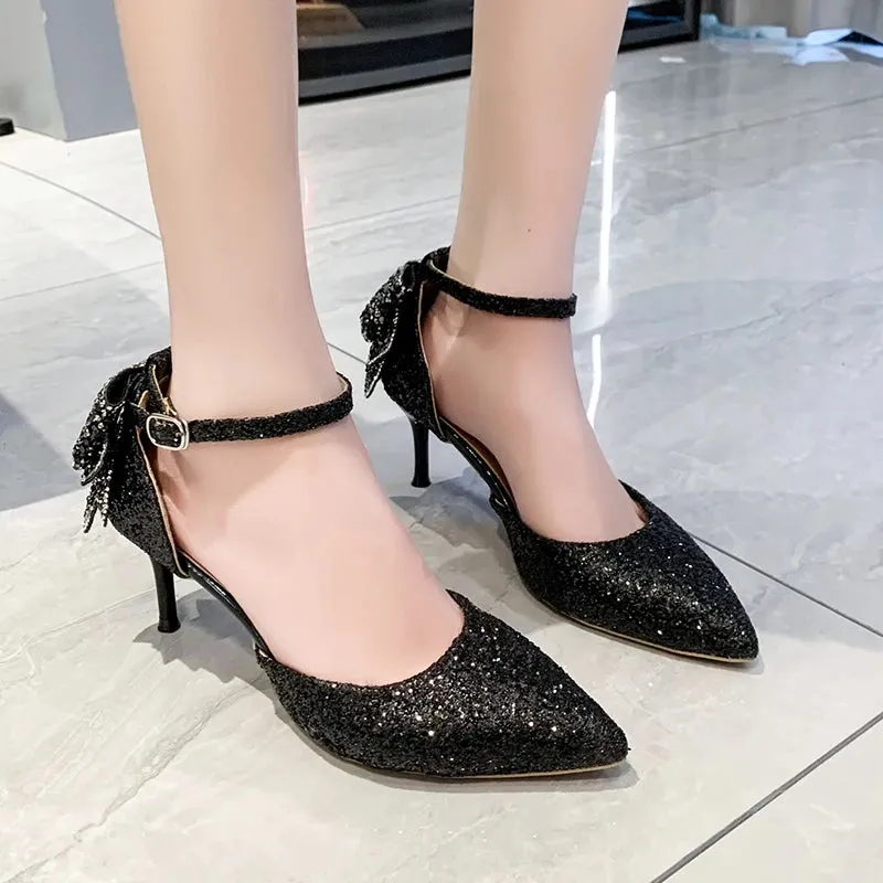 Hnzxzm Luxury Silver Sequin High Heels Wedding Shoes Women Autumn Crystal Bowtie Ankle Straps Bridal Shoes Woman Thin Heeled Pumps