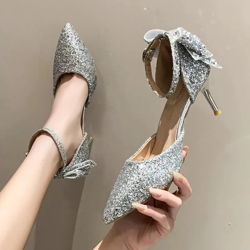 Hnzxzm Luxury Silver Sequin High Heels Wedding Shoes Women Autumn Crystal Bowtie Ankle Straps Bridal Shoes Woman Thin Heeled Pumps