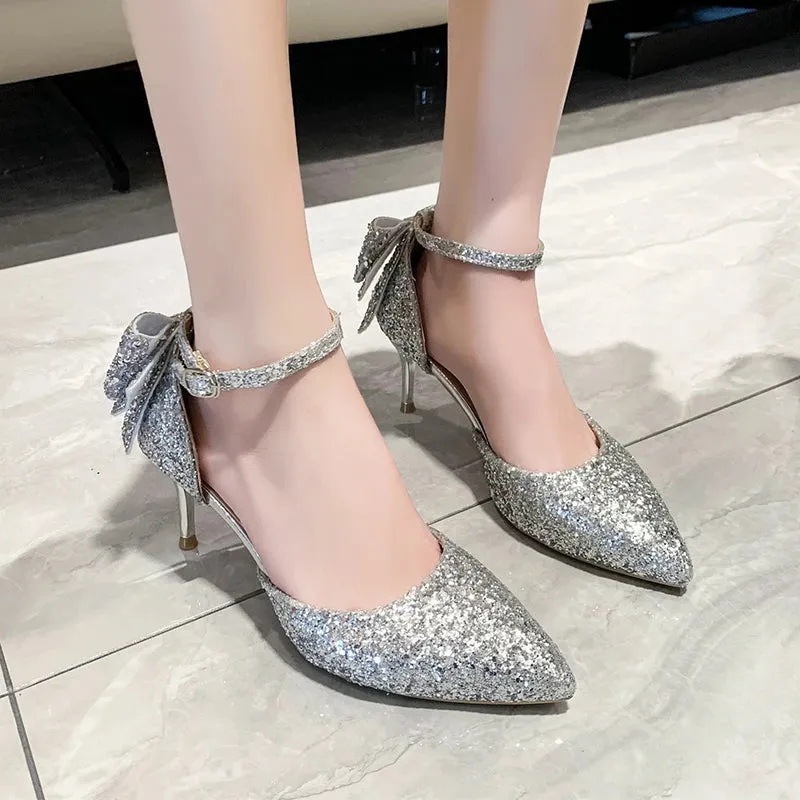 Hnzxzm Luxury Silver Sequin High Heels Wedding Shoes Women Autumn Crystal Bowtie Ankle Straps Bridal Shoes Woman Thin Heeled Pumps