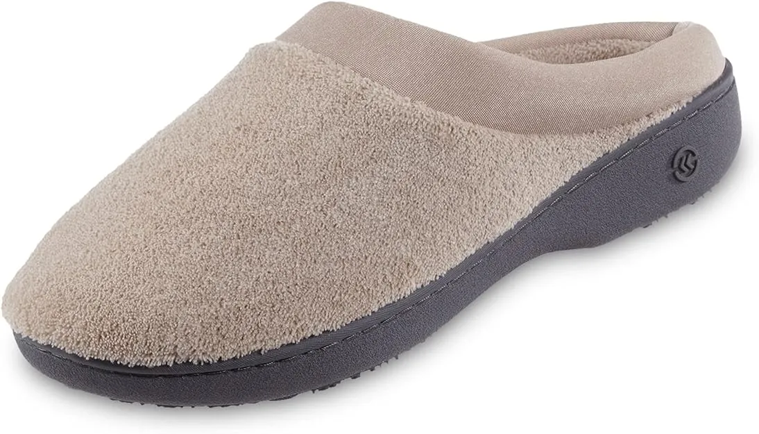 Isotoner Women's Terry and Satin Slip on Cushioned Slipper with Memory Foam for Indoor/Outdoor Comfort Flat Sandals