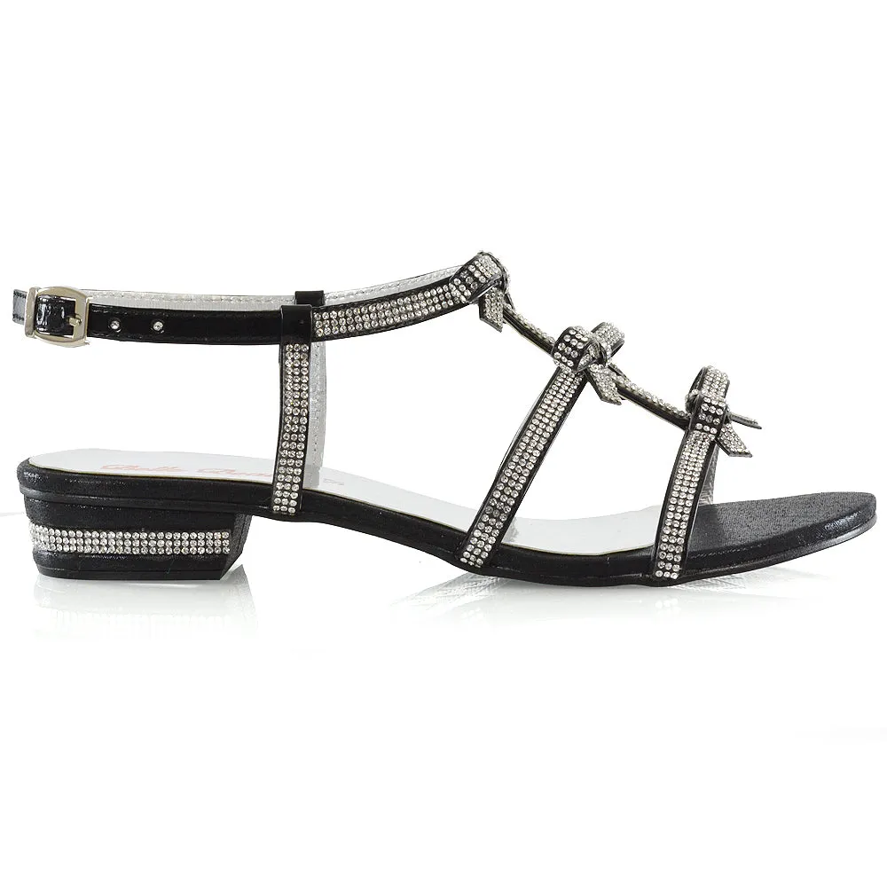 KENZIE LOW BLOCK HEEL BOW DETAIL SPARKLY DIAMANTE ANKLE STRAP FLAT SANDALS IN BLACK