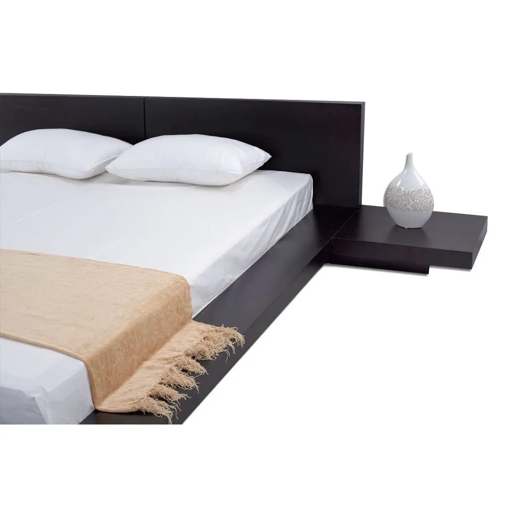 King Modern Japanese Style Platform Bed with Headboard and 2 Nightstands in Espresso