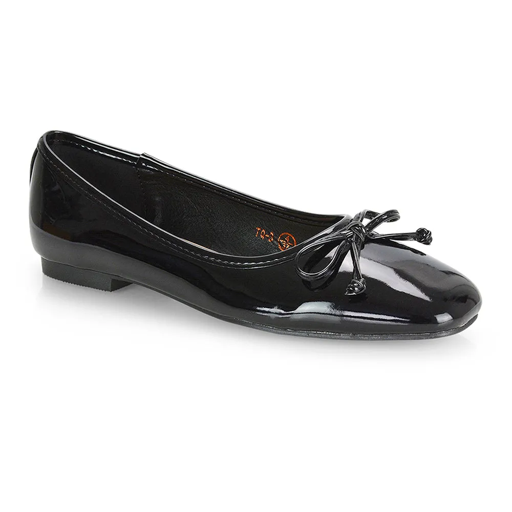 Lizzy Bow Detailing Flat Square Toe Ballerina Pump Shoes in Black Patent