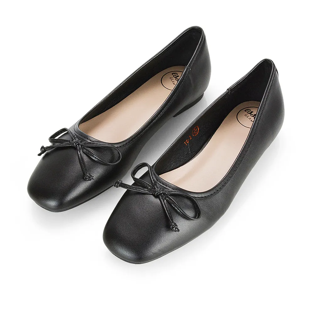 Lizzy Bow Detailing Flat Square Toe Ballerina Pump Shoes in Black Patent