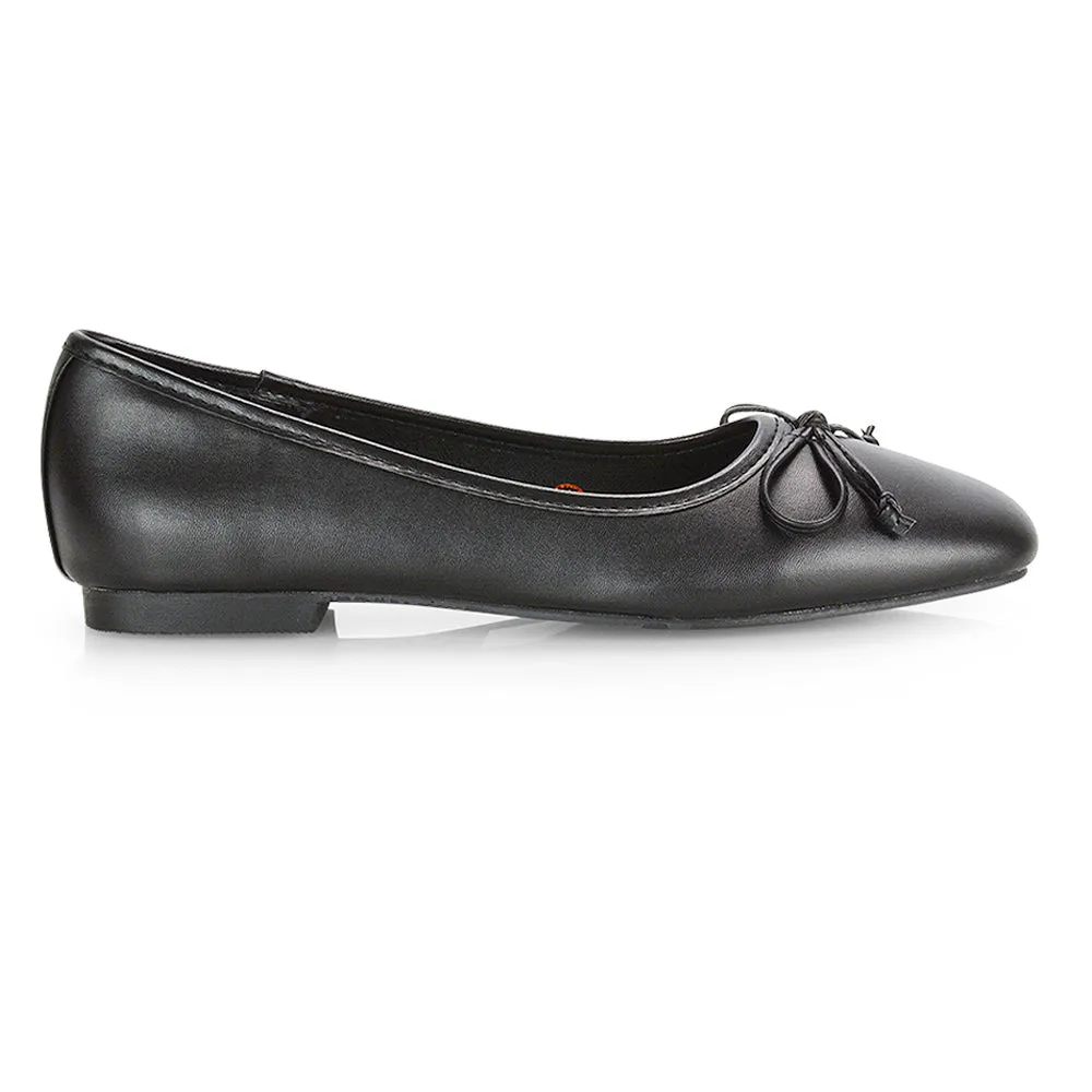 Lizzy Bow Detailing Flat Square Toe Ballerina Pump Shoes in Black Patent