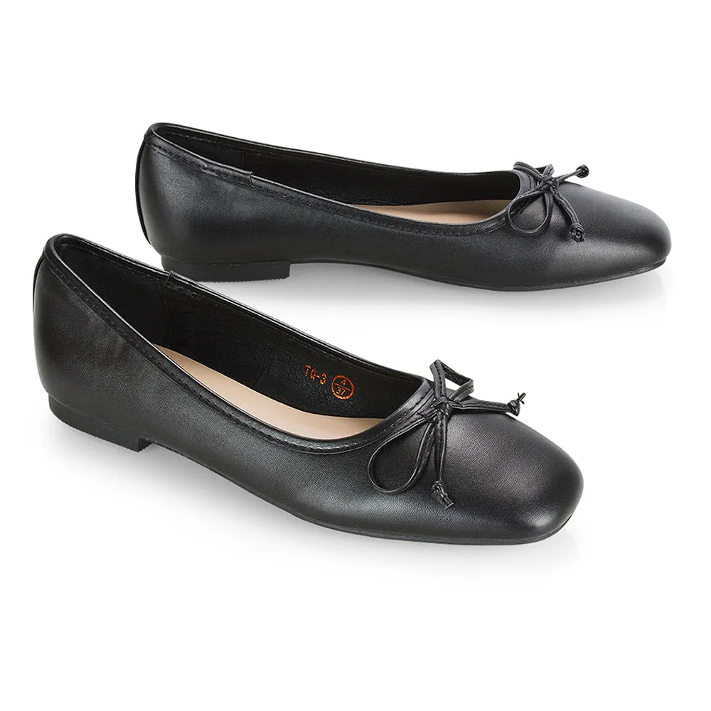 Lizzy Bow Detailing Flat Square Toe Ballerina Pump Shoes in Black Patent