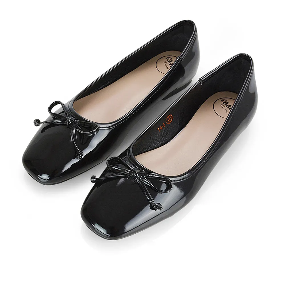 Lizzy Bow Detailing Flat Square Toe Ballerina Pump Shoes in Black Patent