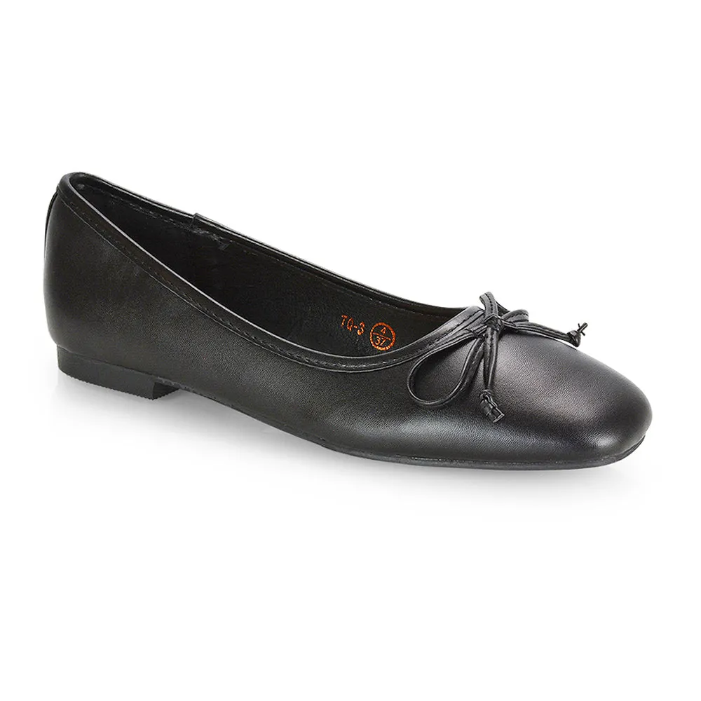 Lizzy Bow Detailing Flat Square Toe Ballerina Pump Shoes in Black Patent