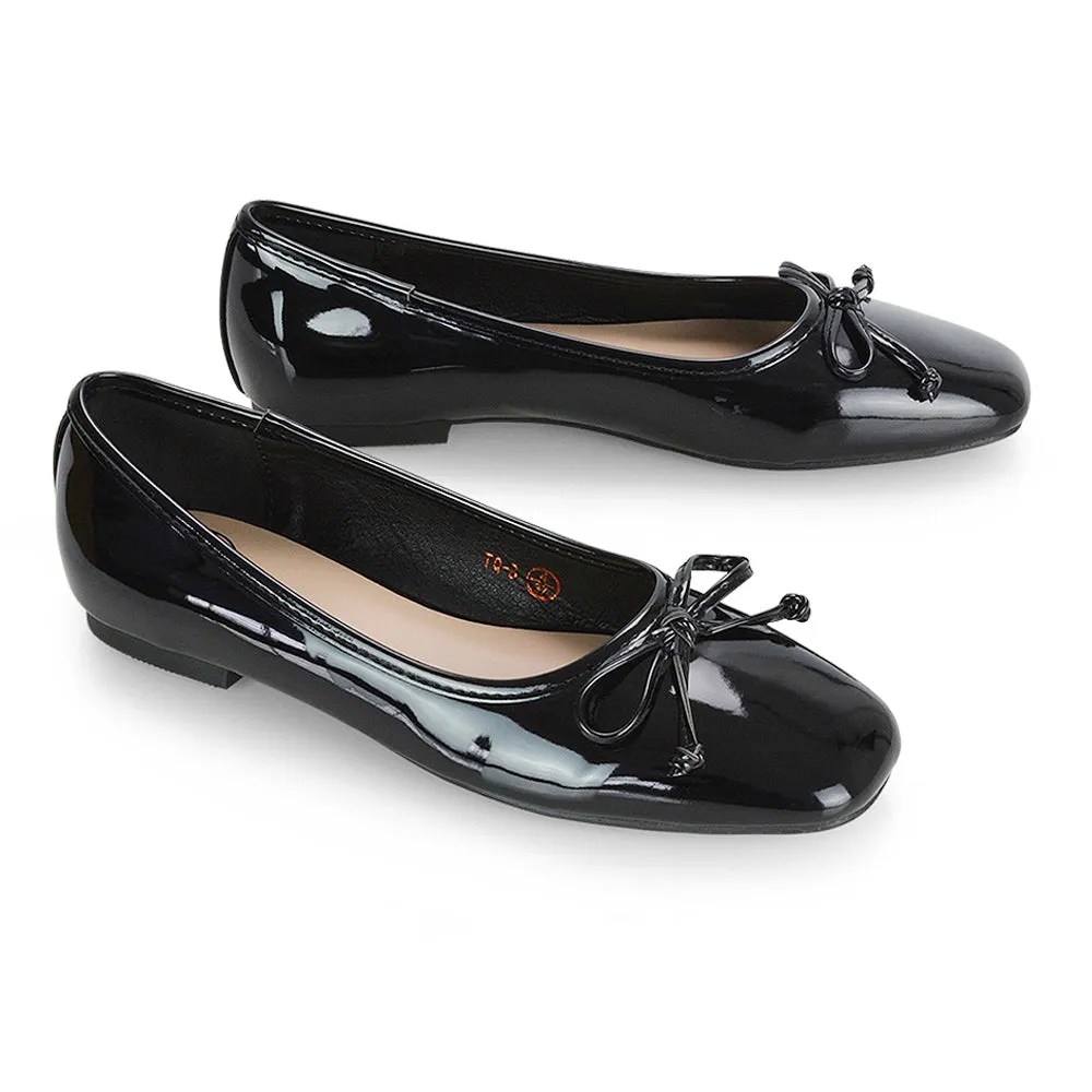 Lizzy Bow Detailing Flat Square Toe Ballerina Pump Shoes in Black Patent