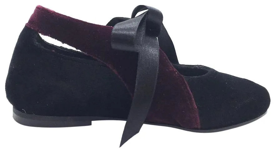 Luccini Girl's Burgundy & Black Two Tone Velvet Ribbon Bow Tie Lace Up Flats