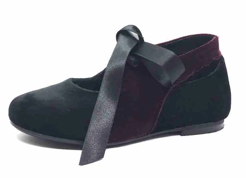 Luccini Girl's Burgundy & Black Two Tone Velvet Ribbon Bow Tie Lace Up Flats