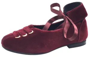 Luccini Girl's Burgundy Velvet Leather Lined Ankle Wrap with Ribbon Tie Dress Flats