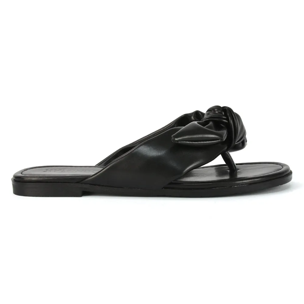 Marleigh Bow Detail Toe Post Flat Sandal Slides in BLACK SYNTHETIC LEATHER