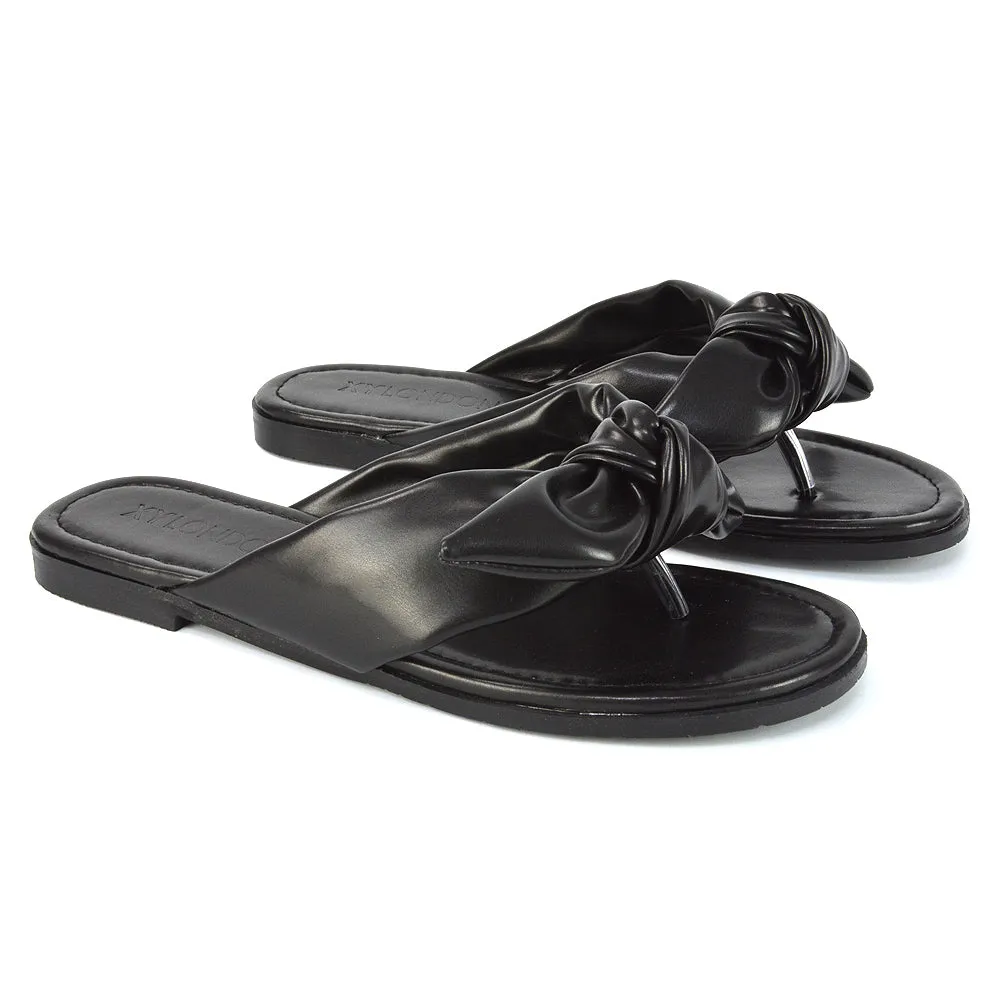 Marleigh Bow Detail Toe Post Flat Sandal Slides in BLACK SYNTHETIC LEATHER