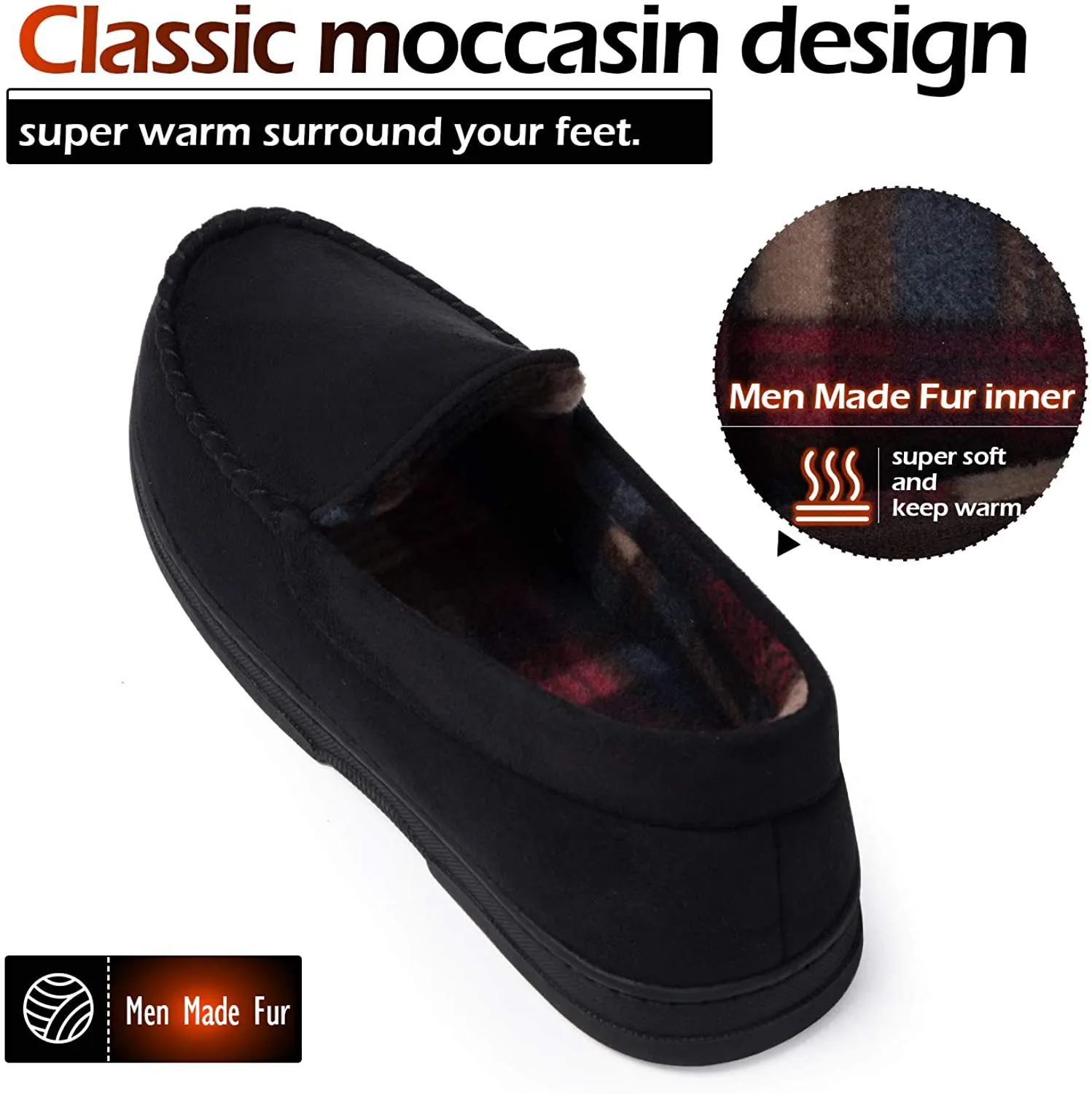 mysoft Men's Moccasin Slippers Memory Foam Warm Cotton Winter House Shoes Anti-Slip Sole Indoor/Outdoor