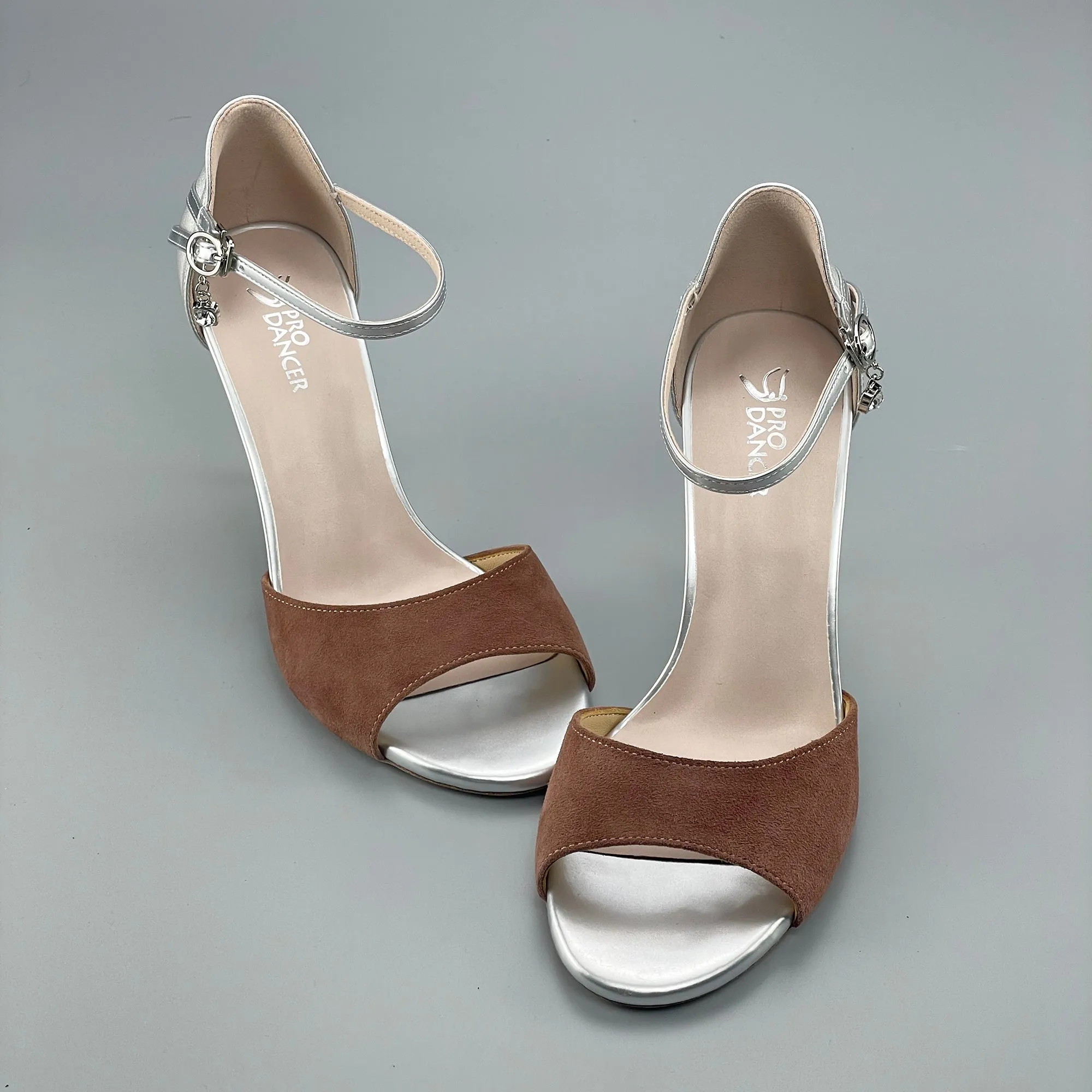 Open-toe Argentine Tango Shoes Closed-back High Heels Hard Leather Sole Brown and Silver