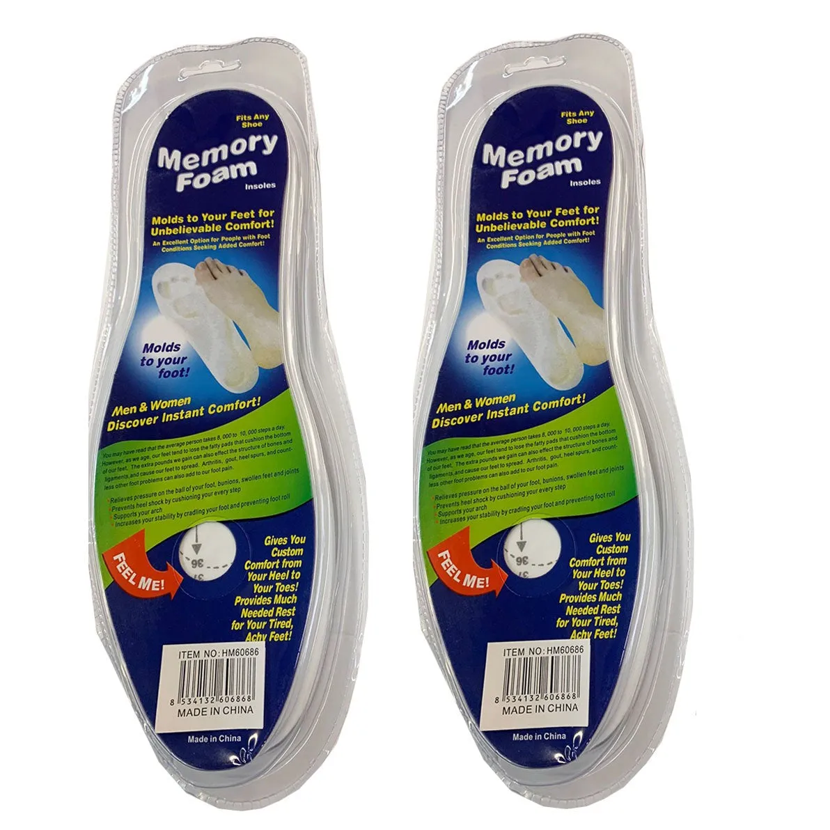 Ortho Memory Foam Insoles Unisex Fits Any Shoe Cushion Feet Pad (2 Pack)