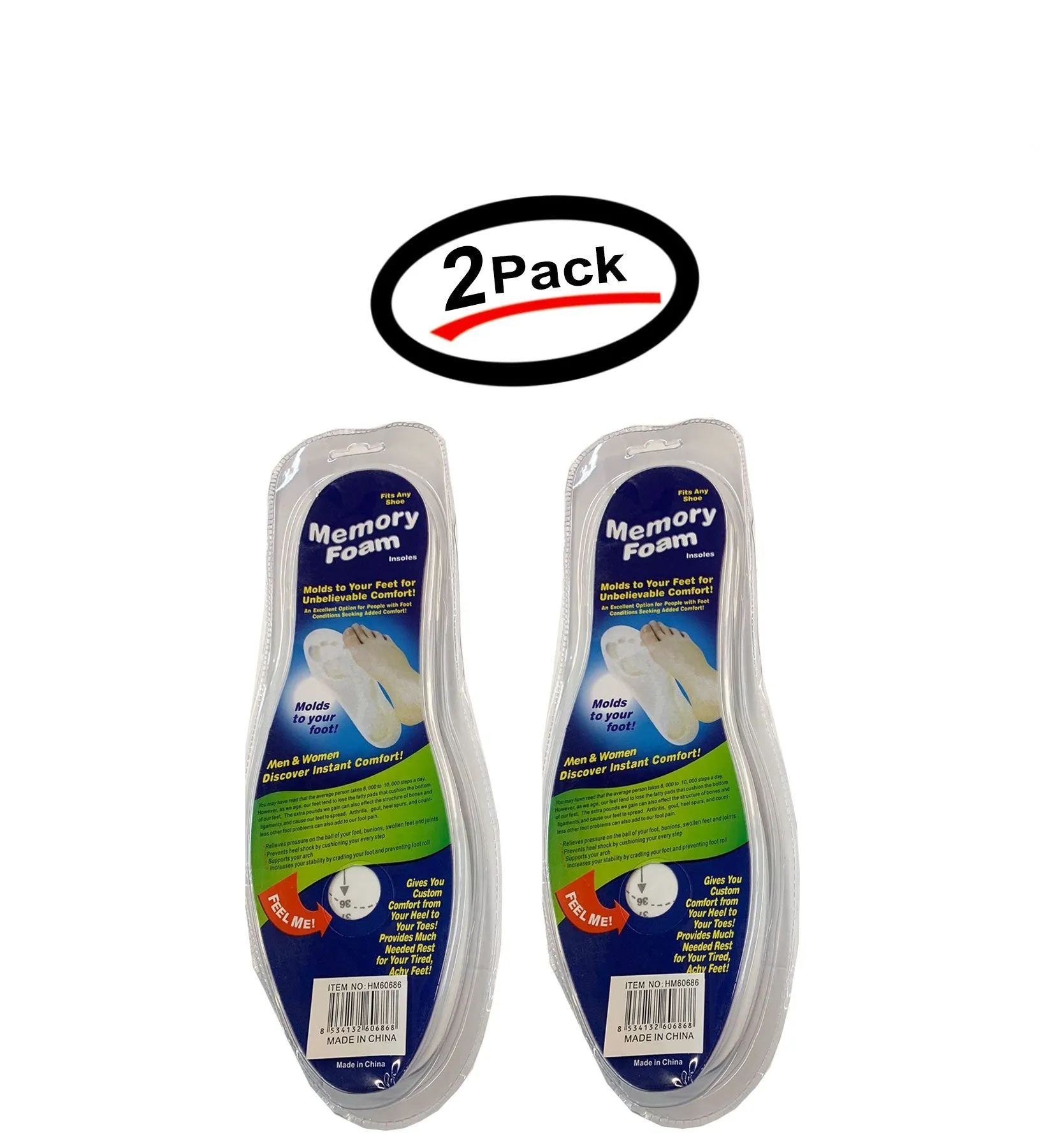 Ortho Memory Foam Insoles Unisex Fits Any Shoe Cushion Feet Pad (2 Pack)