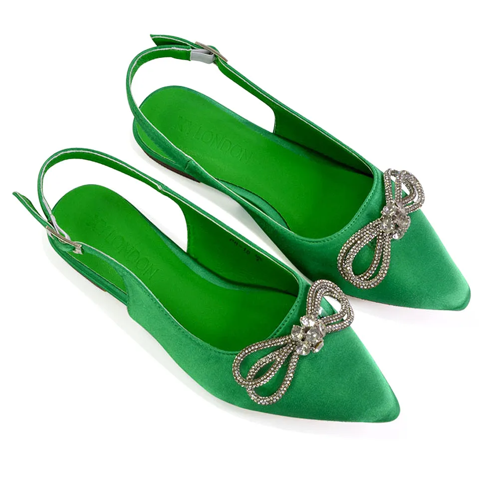 Ossie Slingback Diamante Bow Pointed Toe Ballerina Pump Shoes in Green