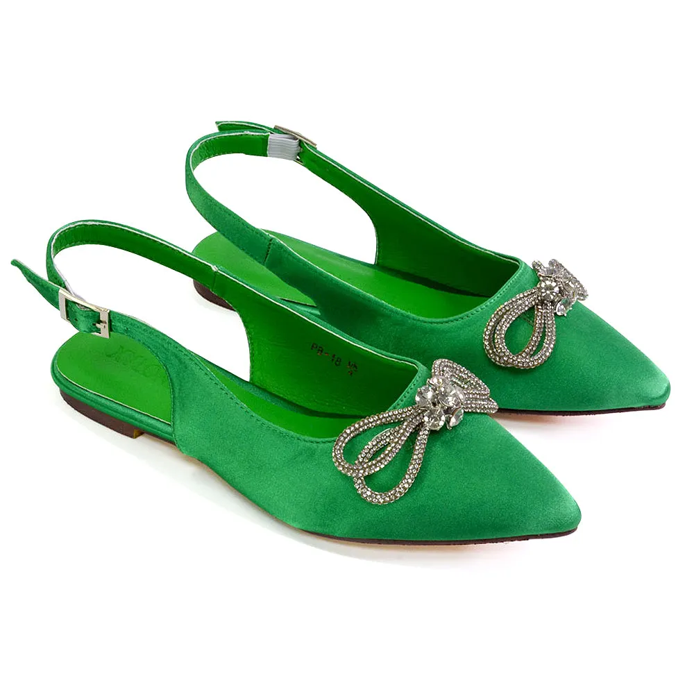 Ossie Slingback Diamante Bow Pointed Toe Ballerina Pump Shoes in Green