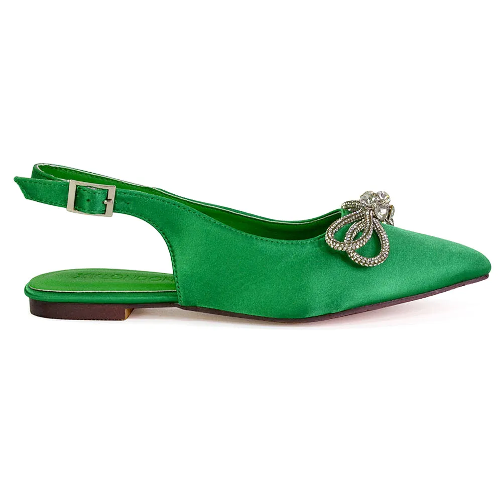 Ossie Slingback Diamante Bow Pointed Toe Ballerina Pump Shoes in Green