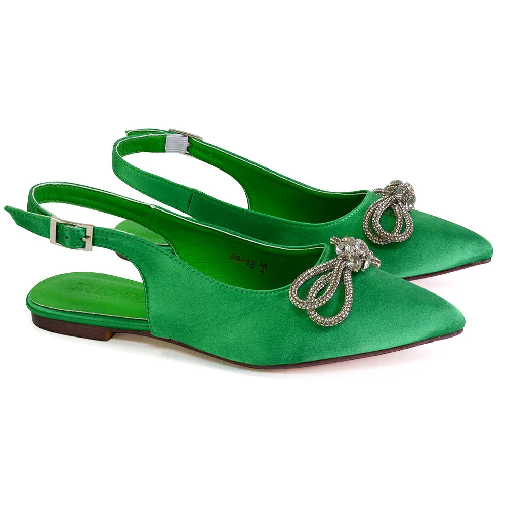 Ossie Slingback Diamante Bow Pointed Toe Ballerina Pump Shoes in Green