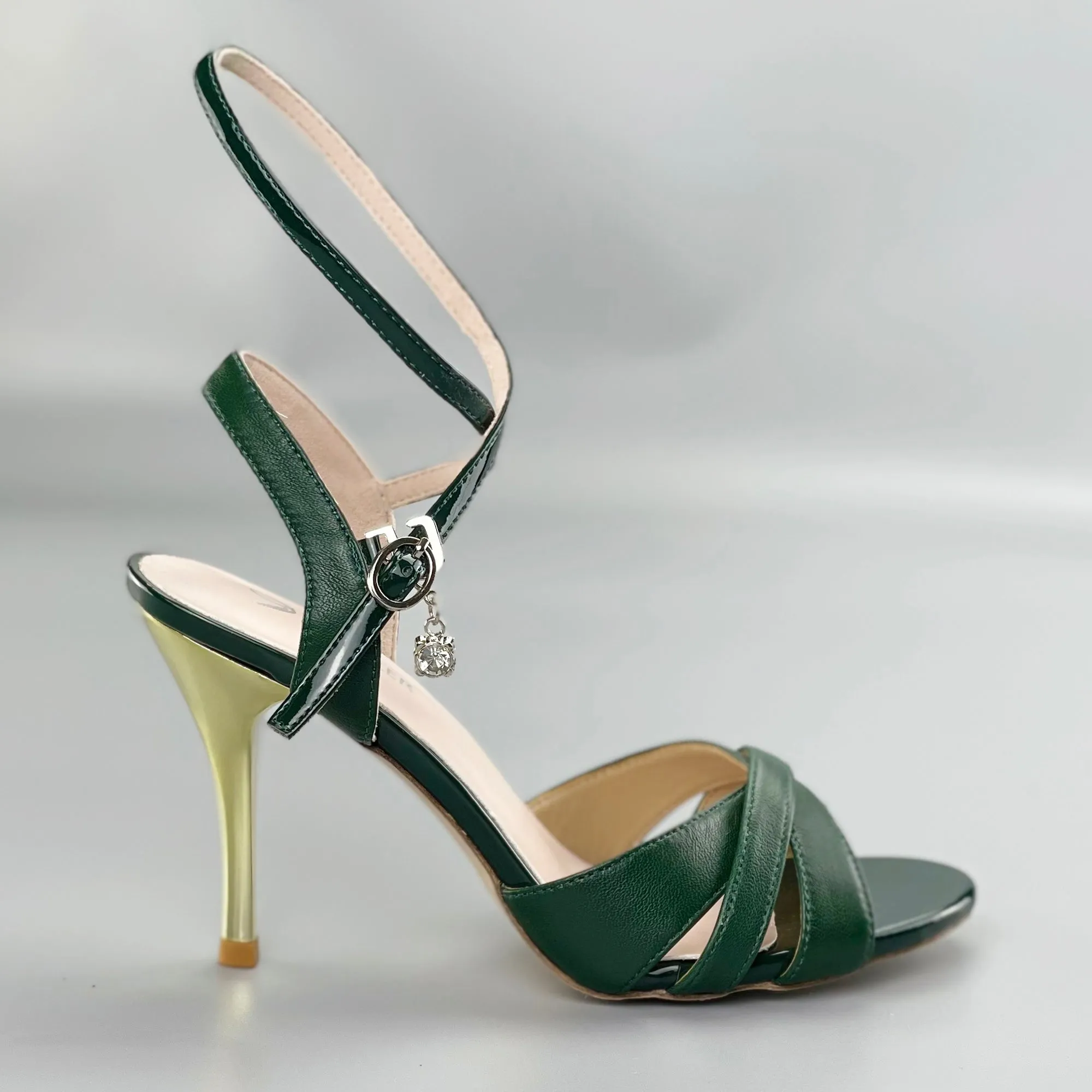 Peep-toe Argentine Tango Shoes Closed-back High Heels Hard Leather Sole Green