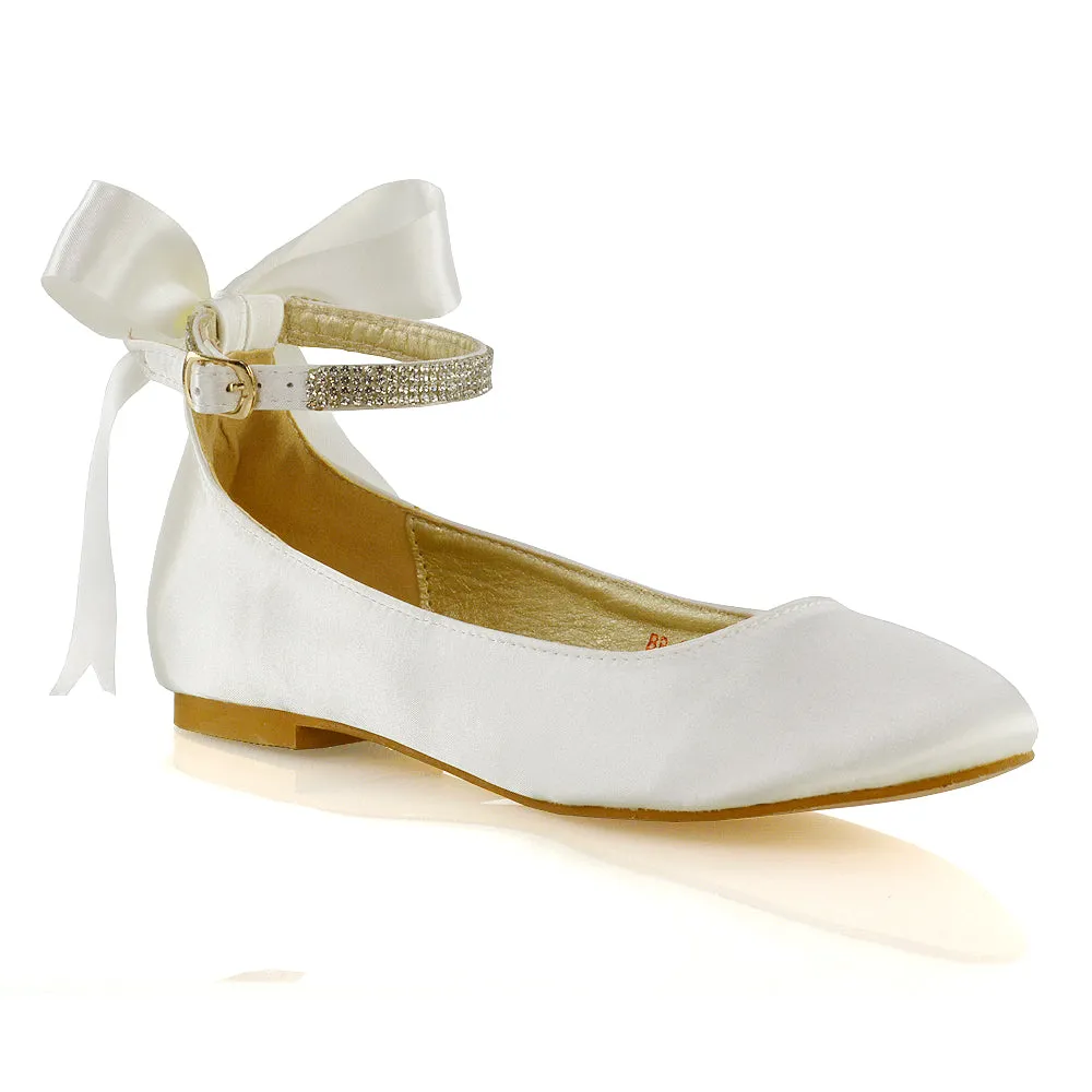 Penelope Bow Detail Diamante Strappy Bridal Wedding Flat Ballerina Bridal Shoes in Silver Satin