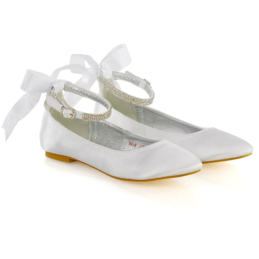 Penelope Bow Detail Diamante Strappy Bridal Wedding Flat Ballerina Bridal Shoes in Silver Satin