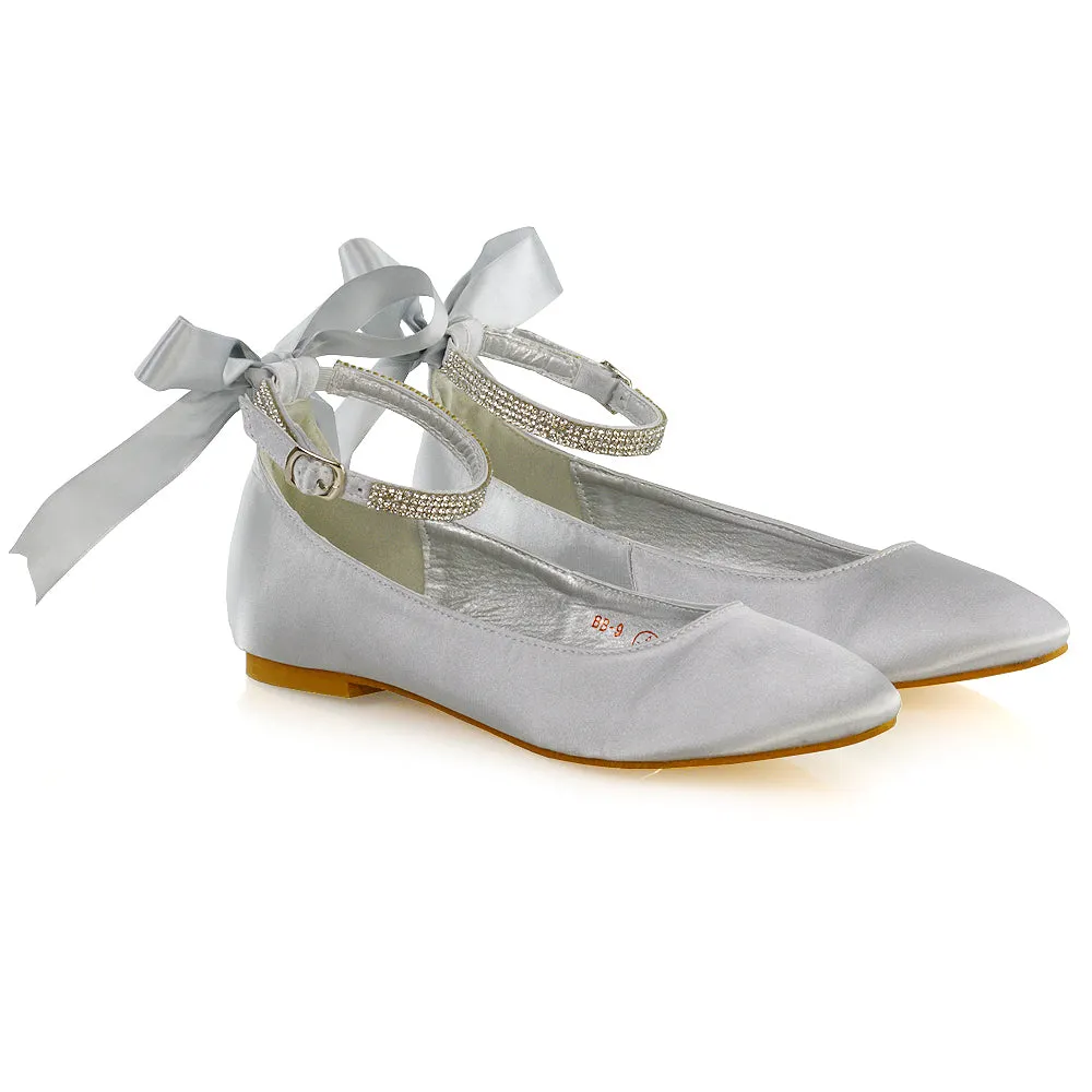 Penelope Bow Detail Diamante Strappy Bridal Wedding Flat Ballerina Bridal Shoes in Silver Satin