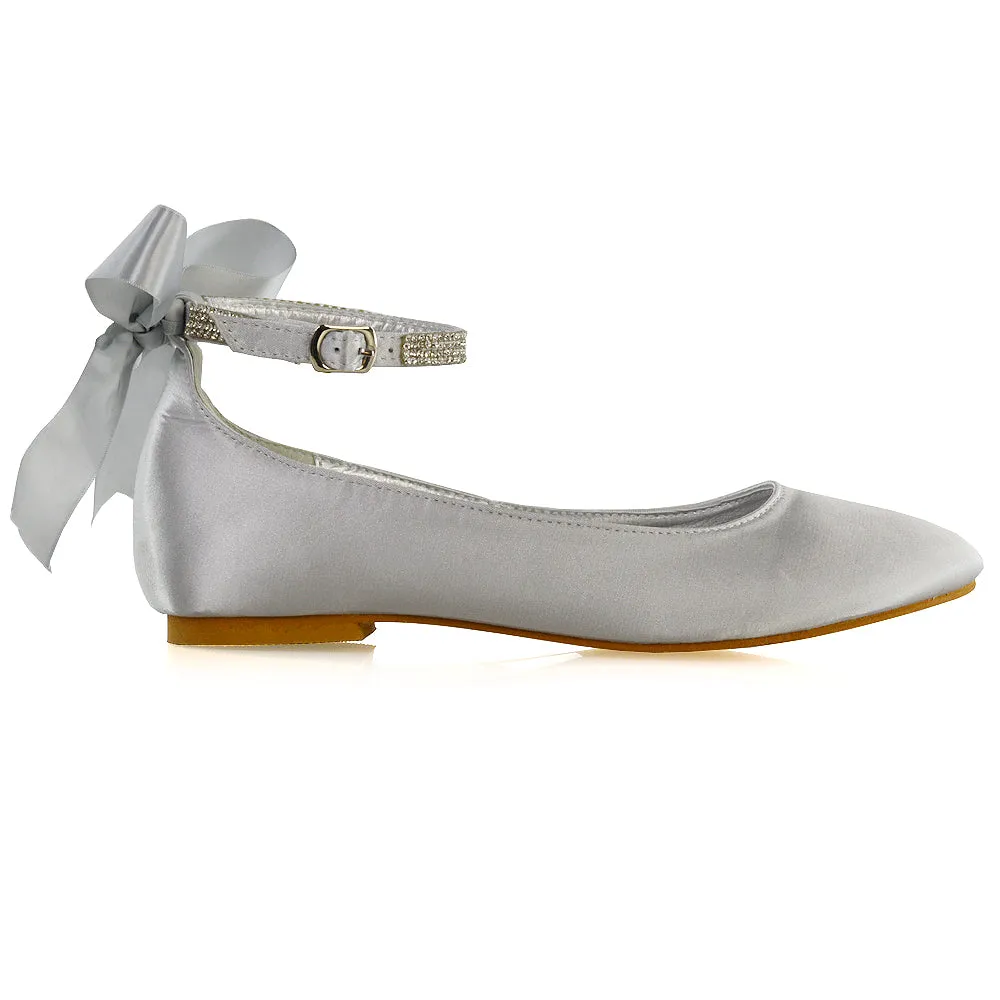 Penelope Bow Detail Diamante Strappy Bridal Wedding Flat Ballerina Bridal Shoes in Silver Satin