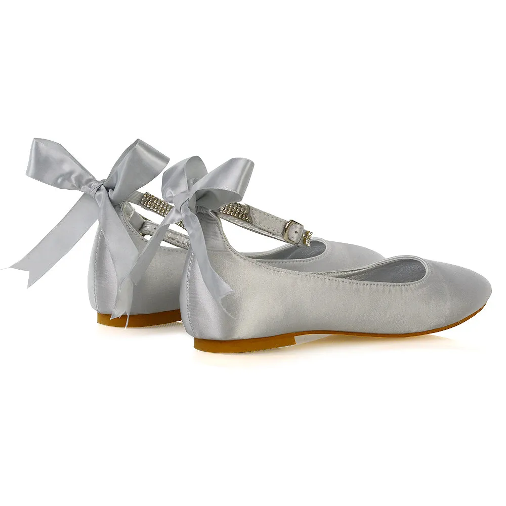 Penelope Bow Detail Diamante Strappy Bridal Wedding Flat Ballerina Bridal Shoes in Silver Satin