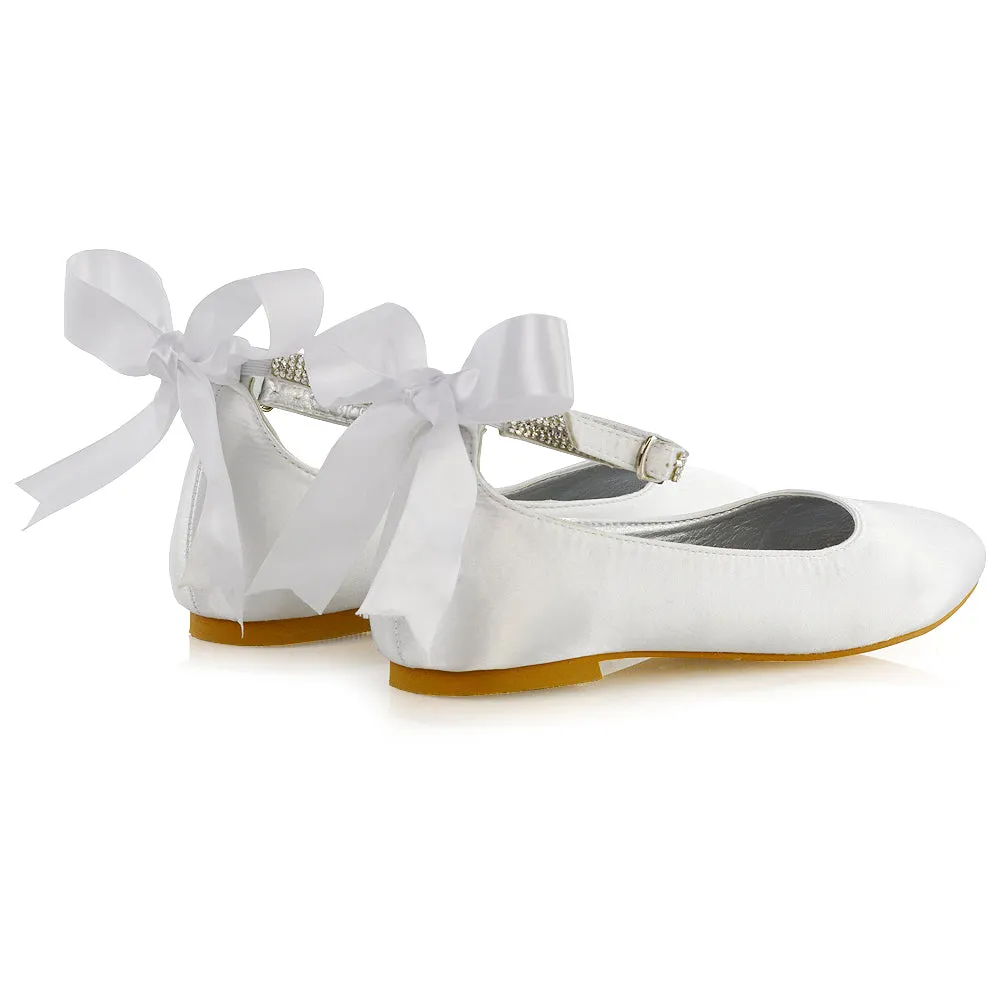 Penelope Bow Detail Diamante Strappy Bridal Wedding Flat Ballerina Bridal Shoes in Silver Satin