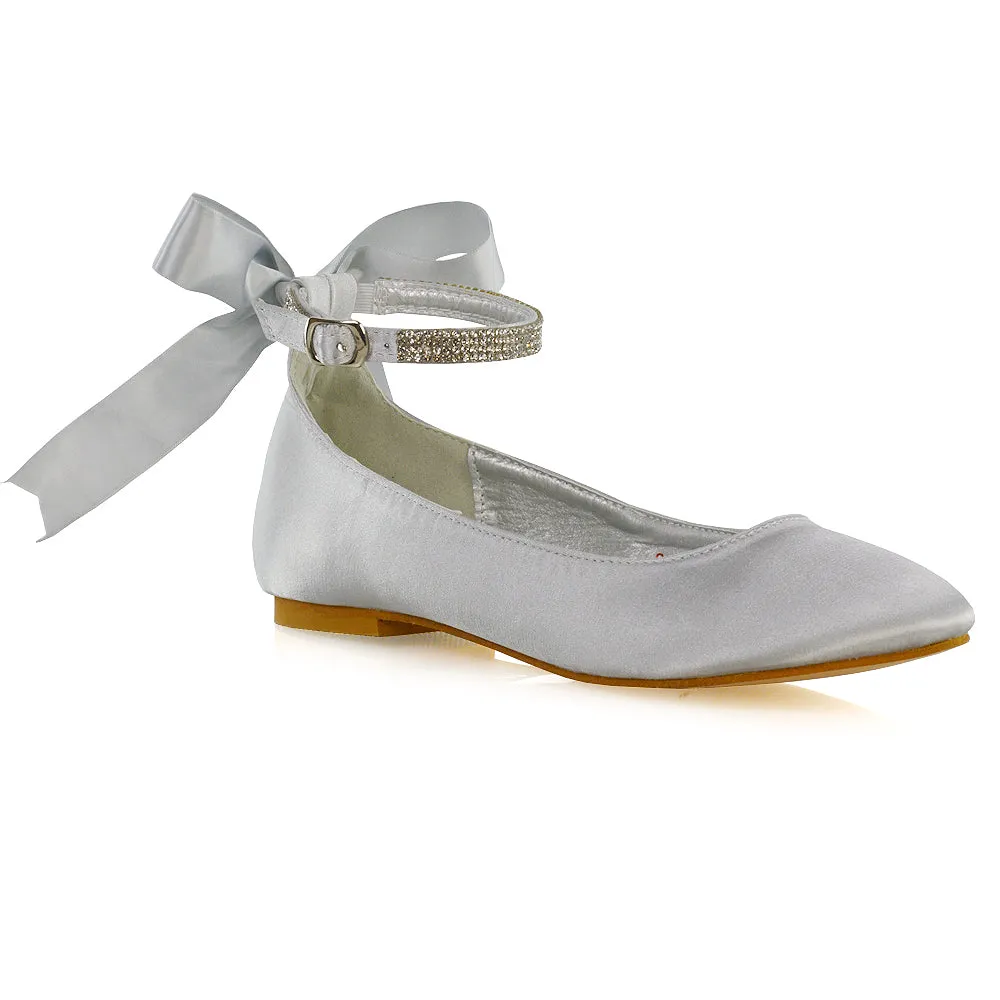 Penelope Bow Detail Diamante Strappy Bridal Wedding Flat Ballerina Bridal Shoes in Silver Satin