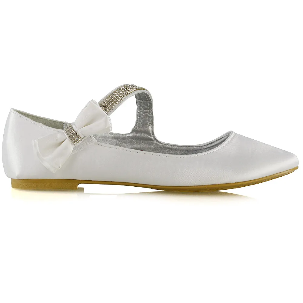 Poppy-Faye Embellished Bow Detail Diamante Strap Wedding Pumps Flat Bridal Shoes in Silver Satin