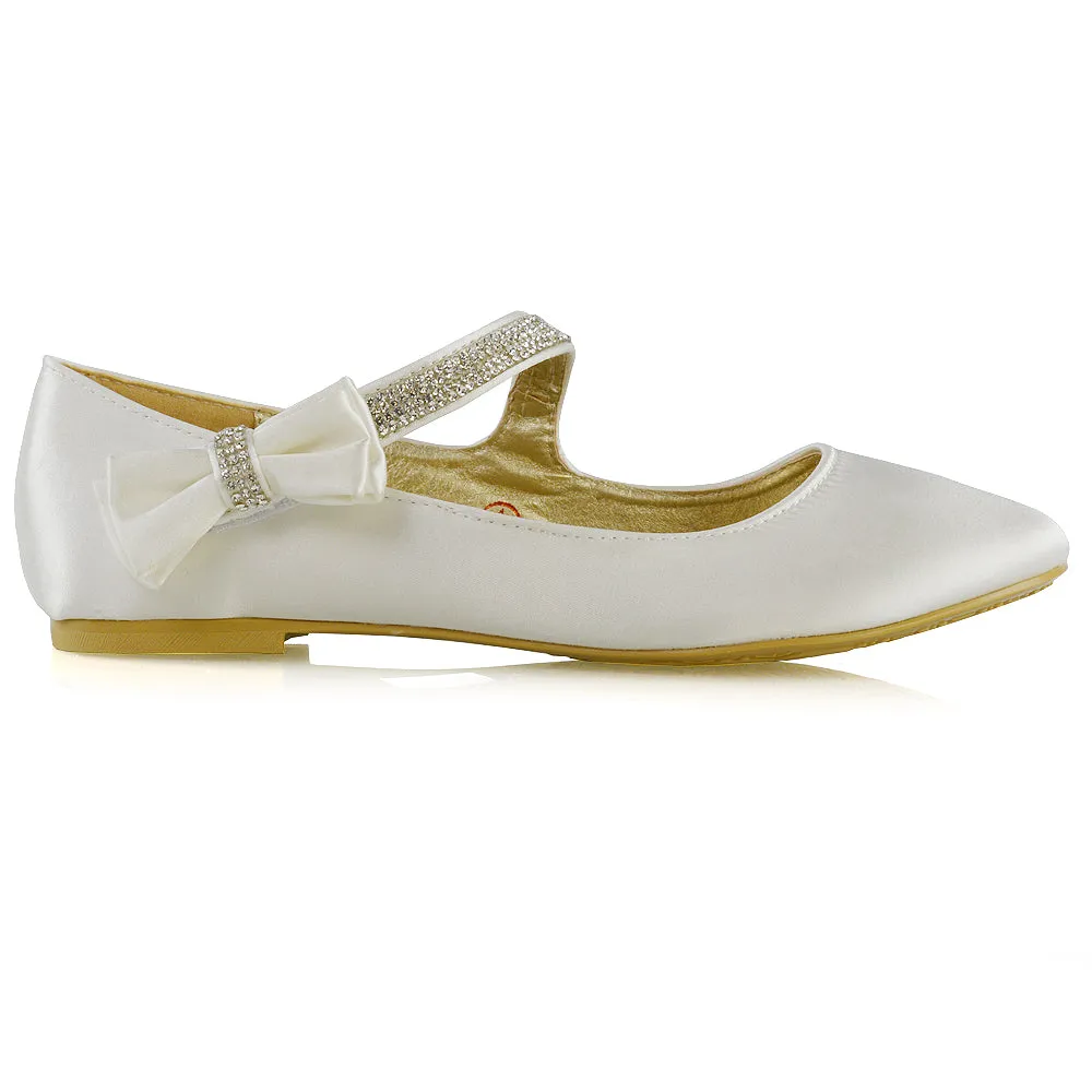 Poppy-Faye Embellished Bow Detail Diamante Strap Wedding Pumps Flat Bridal Shoes in Silver Satin